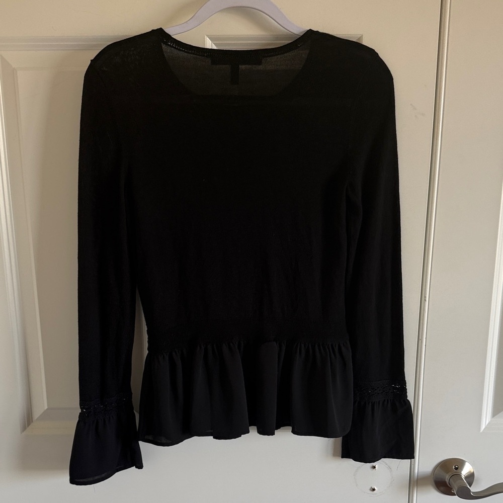 White House Black Market Black Boho Peplum Sweater Blouse Lace Ruffle Detail XS - Picture 7 of 8